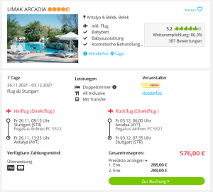 Screenshot Türkei Deal Hotel Linak Arcadia