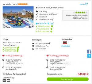 Screenshot Türkei Deal Innvista Hotel