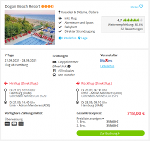 Screenshot Türkei Reisedeal Hotel Dogan Beach Resort