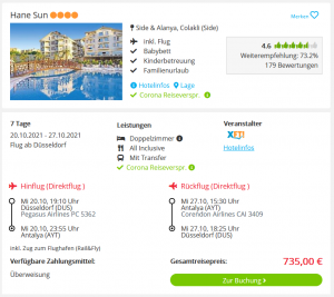 Screenshot Türkei Reisedeal Hotel Hane Sun