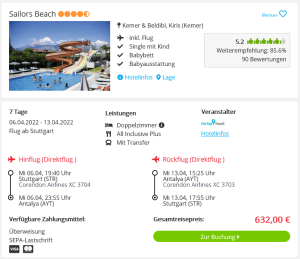 Screenshot Türkei Reisedeal Hotel Sailors Beach