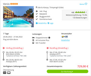 Screenshot Türkei Reisedeal Hotel Venüs