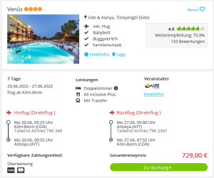 Screenshot Türkei Reisedeal Hotel Venüs