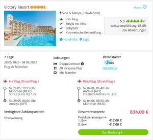 Screenshot Türkei Reisedeal Hotel Victory Resort