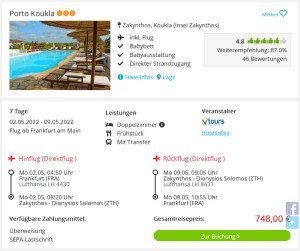 Screenshot Zakynthos Reisedeal Hotel Porto Koukla