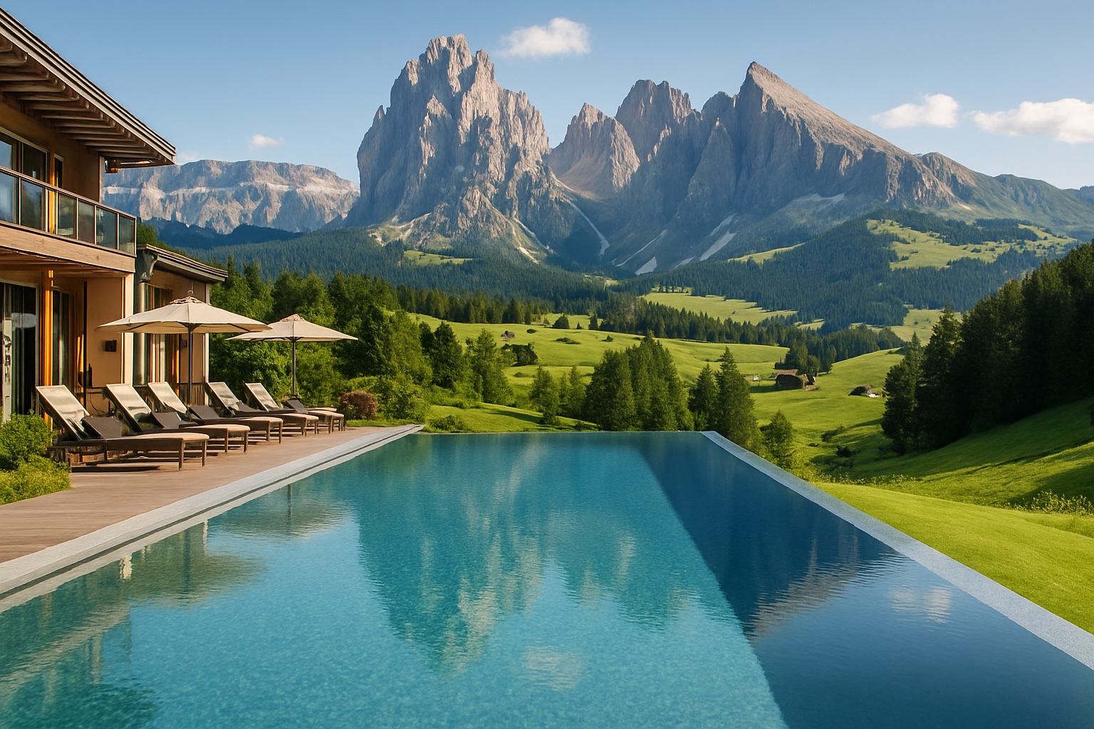 Wellnessresort in Südtirol vor dem Panorama der Dolomiten