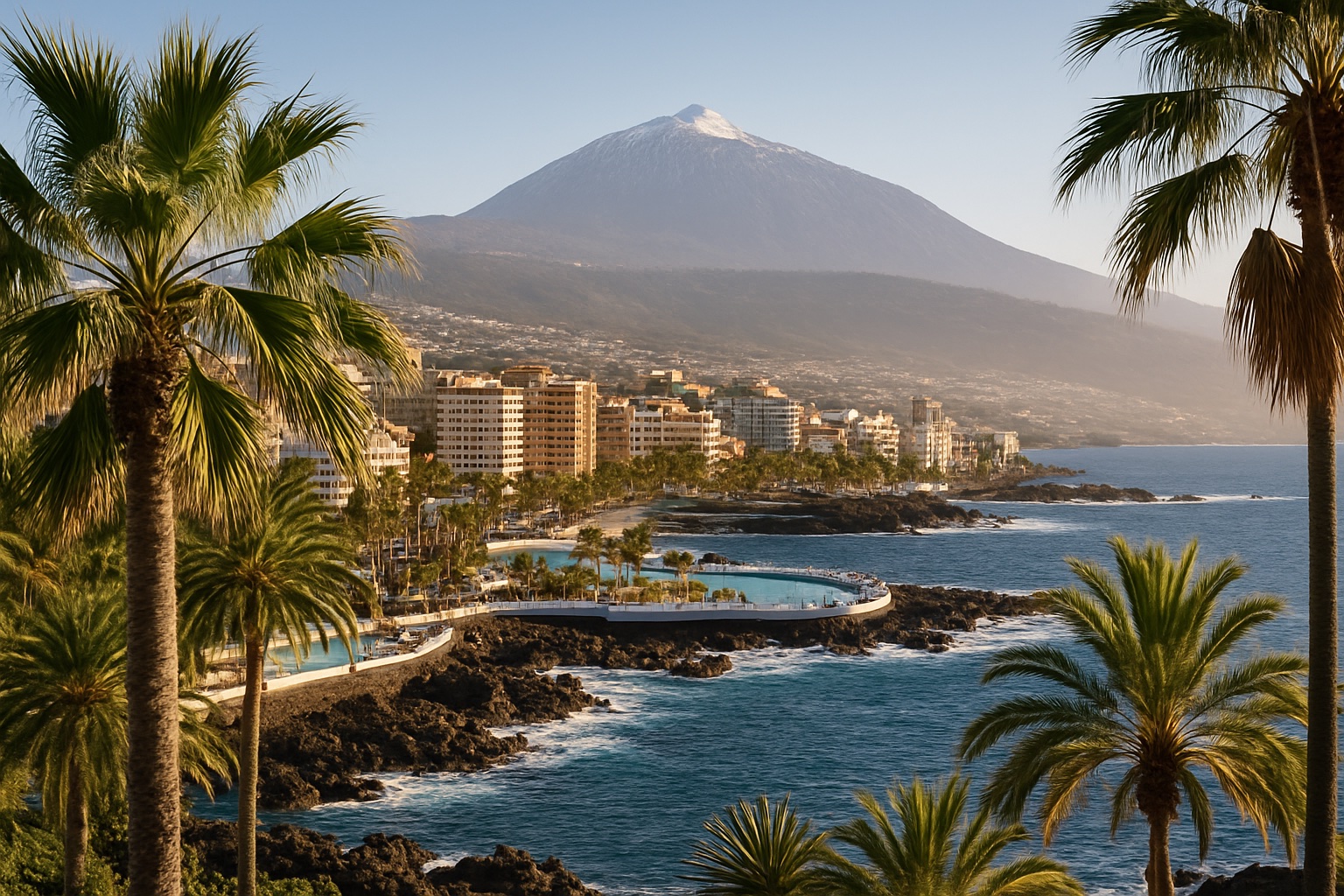 Küste von Puerto de la Cruz auf Teneriffa mit dem Teide im Hintergrund
