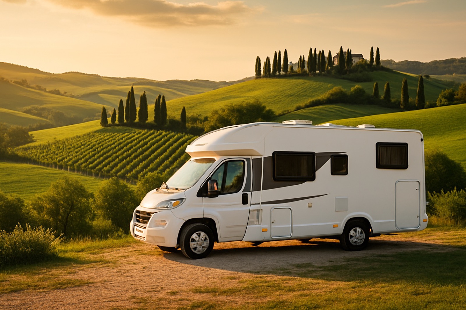 Wohnmobil auf einem Campingplatz in der Toskana mit Zypressen und Weinbergen