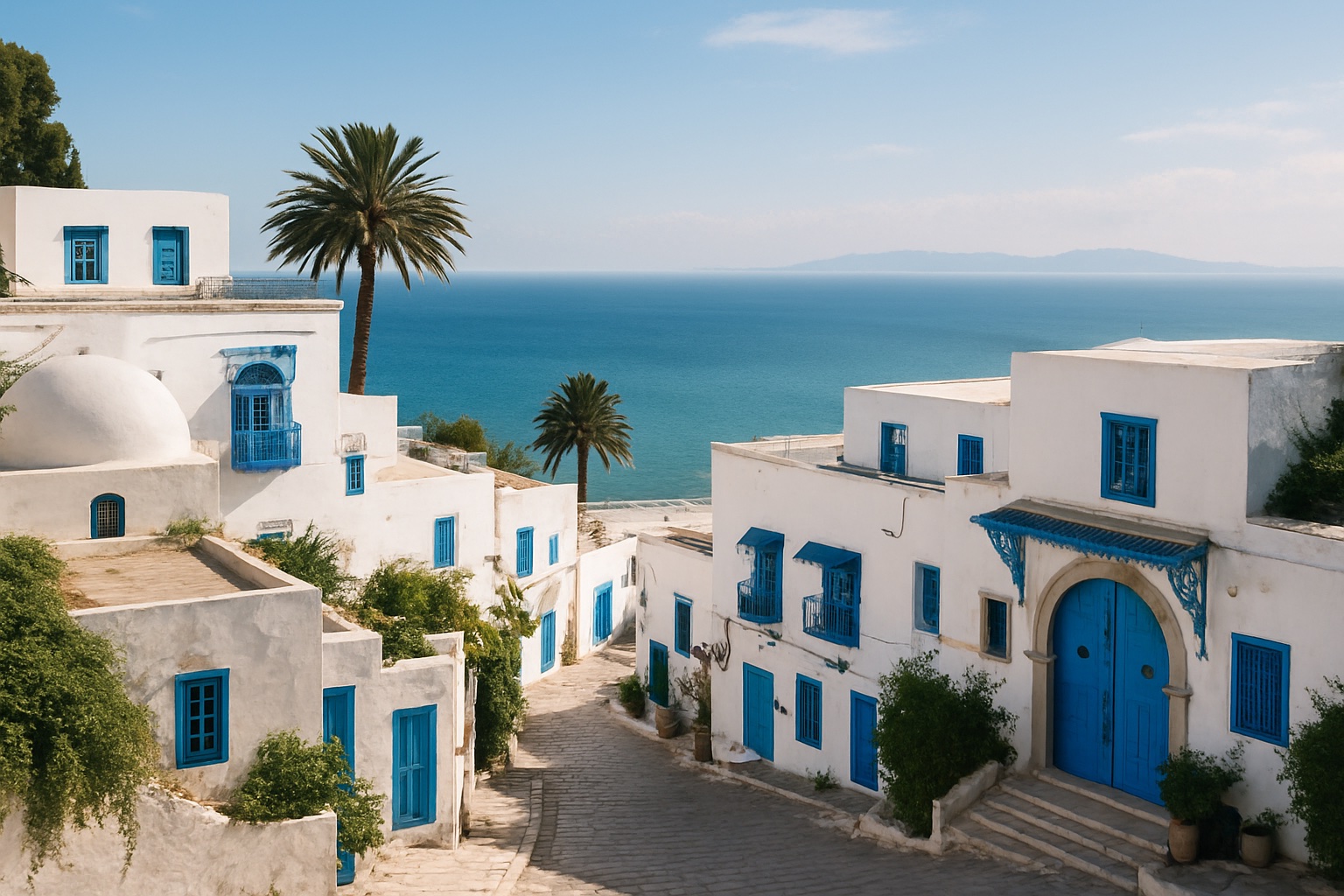Sidi Bou Said in Tunesien ueber dem Mittelmeer